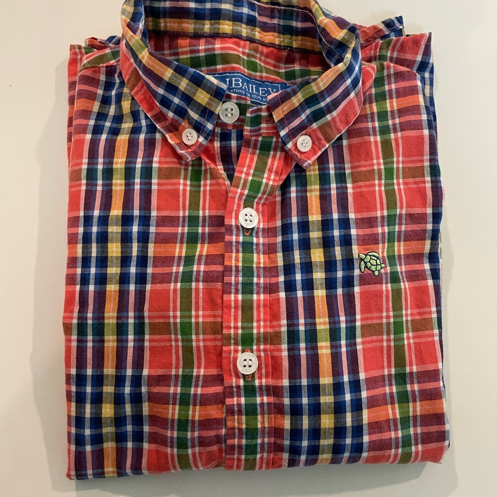 J. Bailey Boy’s Plaid Shirt orange and navy, with green turtle icon